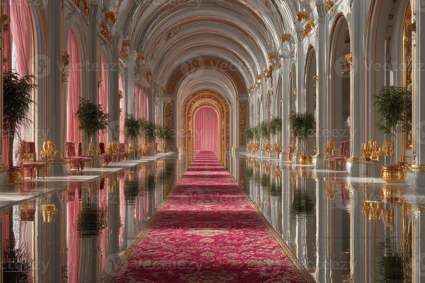 Luxurious palace hallway with ornate decorations and elegant pink accents at golden hour photo