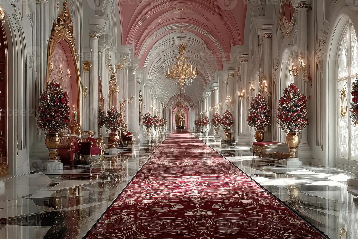 Luxurious palace hallway with elegant decor and vibrant floral arrangements in a grand setting photo