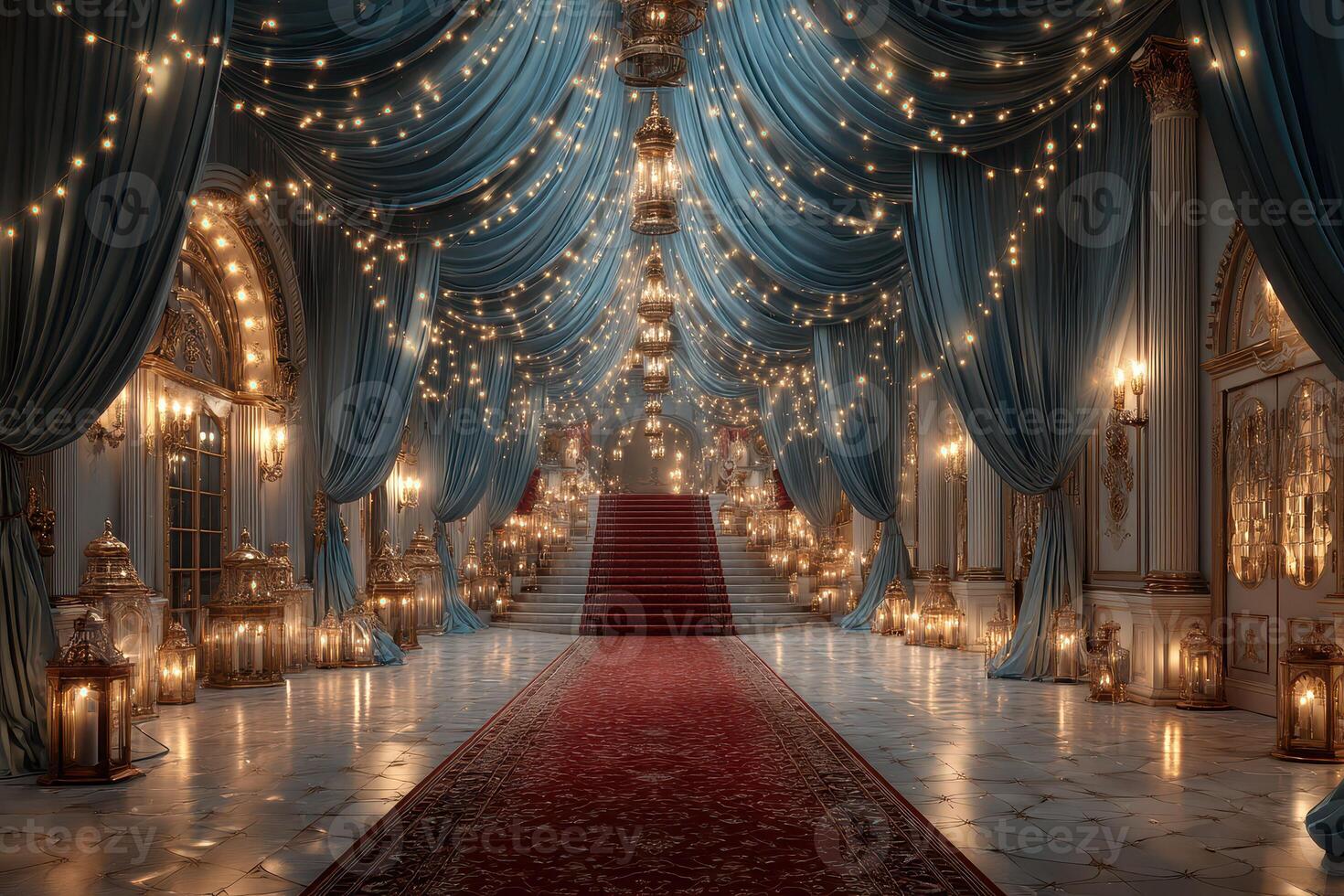 Elegant ballroom adorned with soft lights and rich drapery in a grand setting during an evening event photo