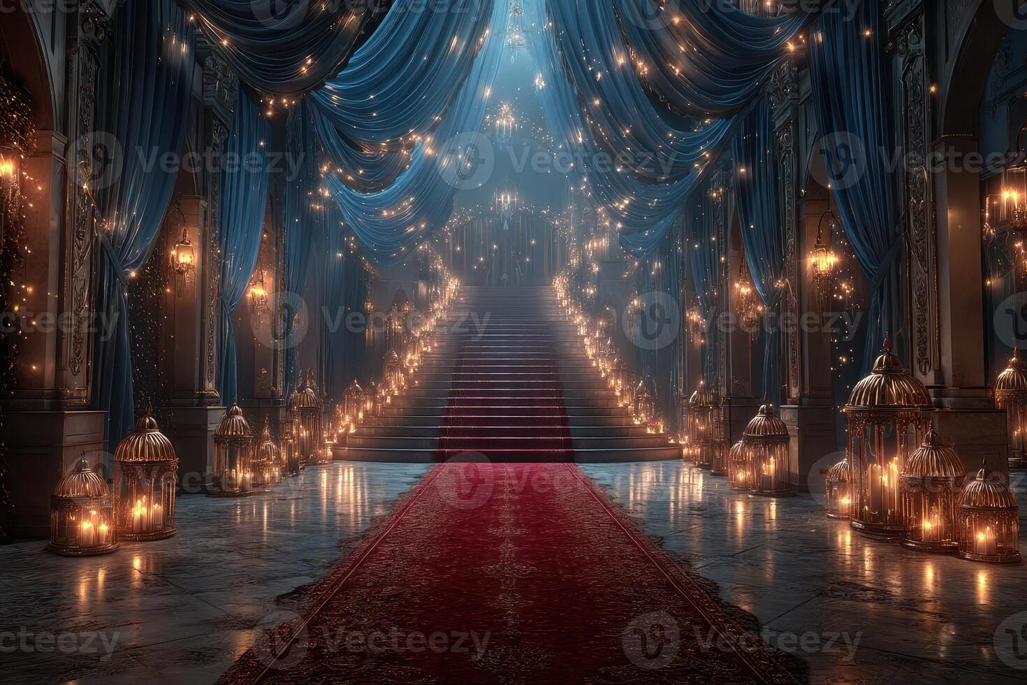 Enchanted staircase adorned with lanterns and draped curtains creates a magical atmosphere photo