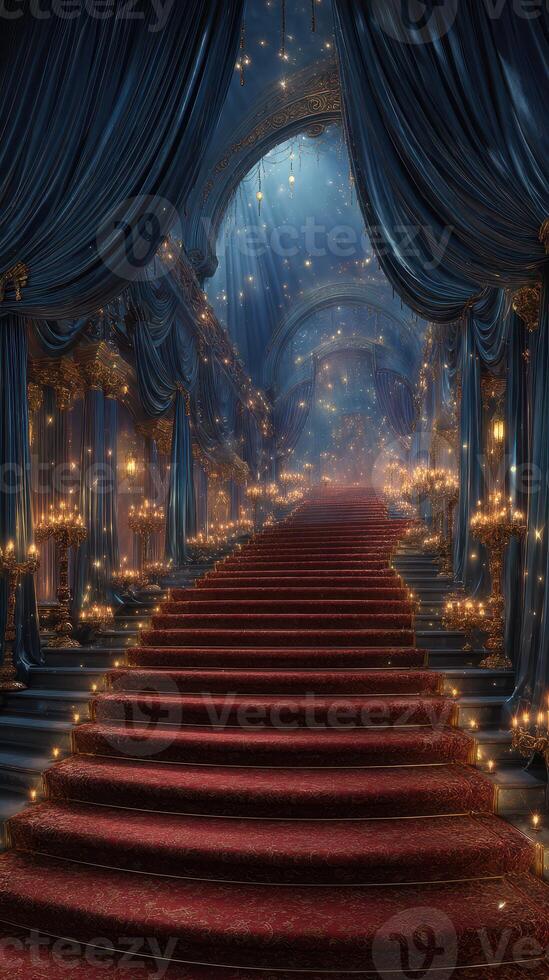 Majestic staircase adorned with golden candelabras and blue fabric draping in a grand hall illuminated by soft light photo
