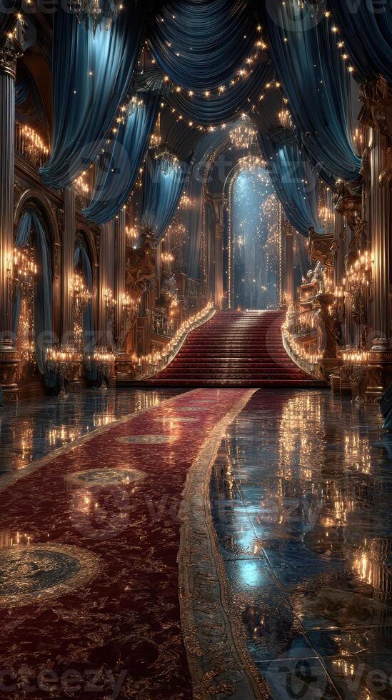 Elegant grand hall with sparkling chandeliers and a red carpet leading to a majestic staircase at night photo