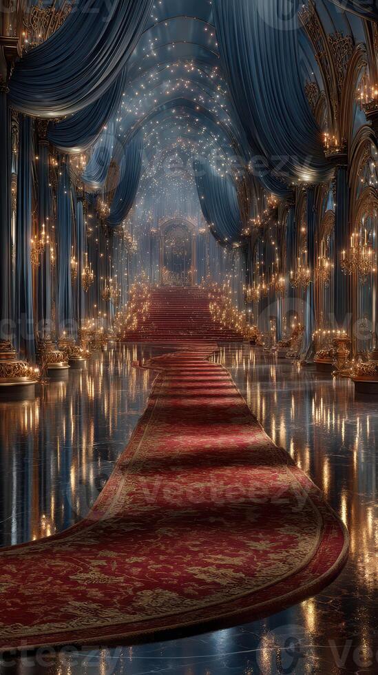 Luxurious ballroom illuminated by chandeliers and adorned with elegant drapery, creating an enchanting atmosphere photo
