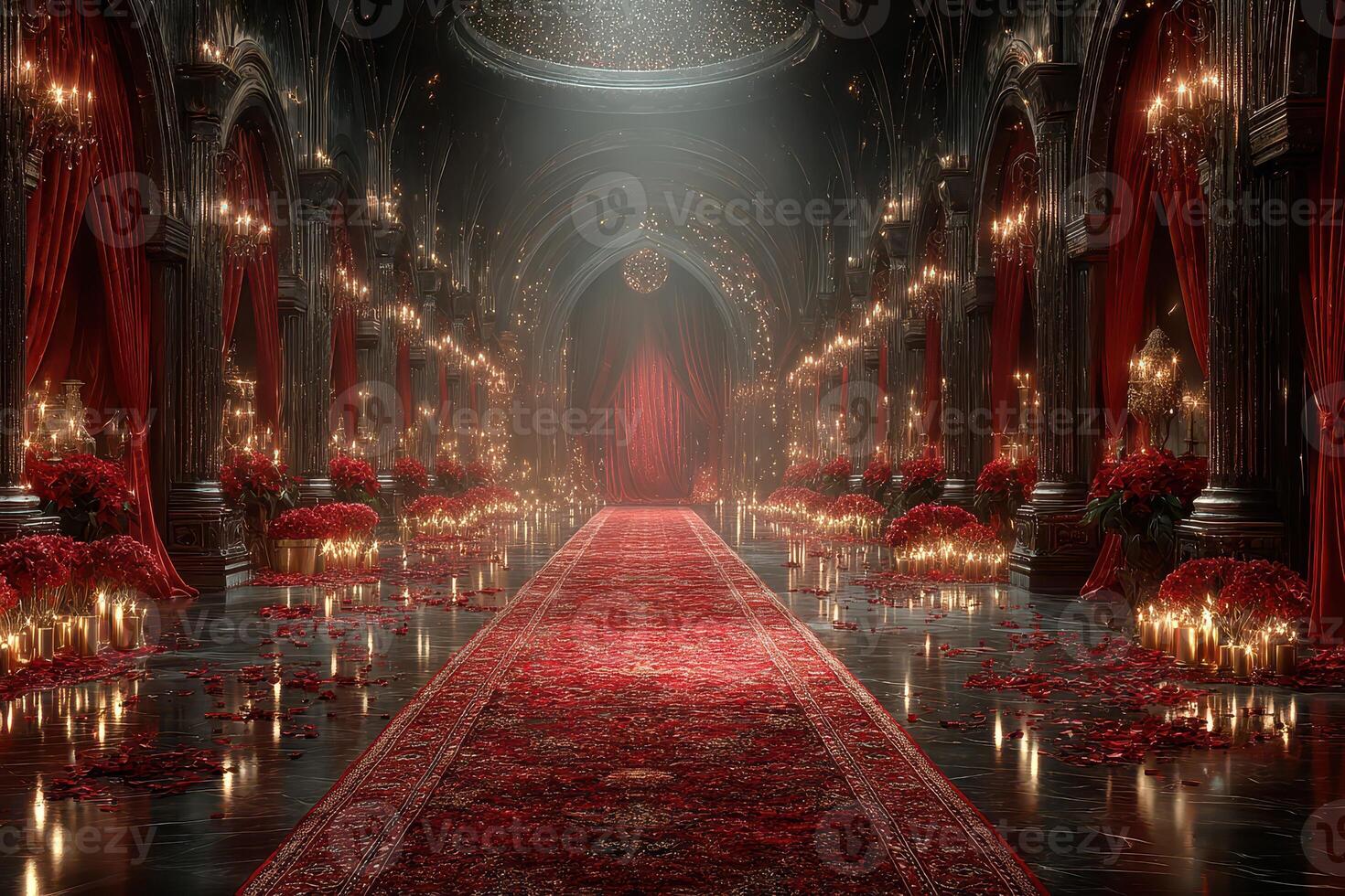 Elegantly designed grand hall featuring rich red decor and candles creating a romantic atmosphere during an evening event photo