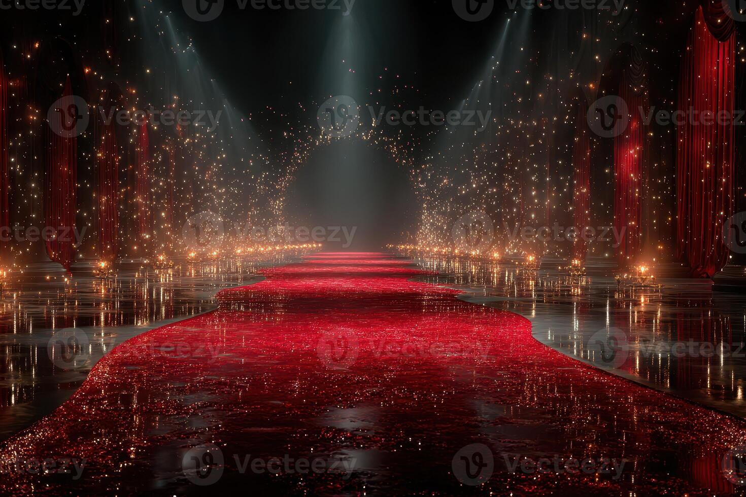 Glistening red carpet leads to a dazzling illuminated stage in an elegant event venue photo