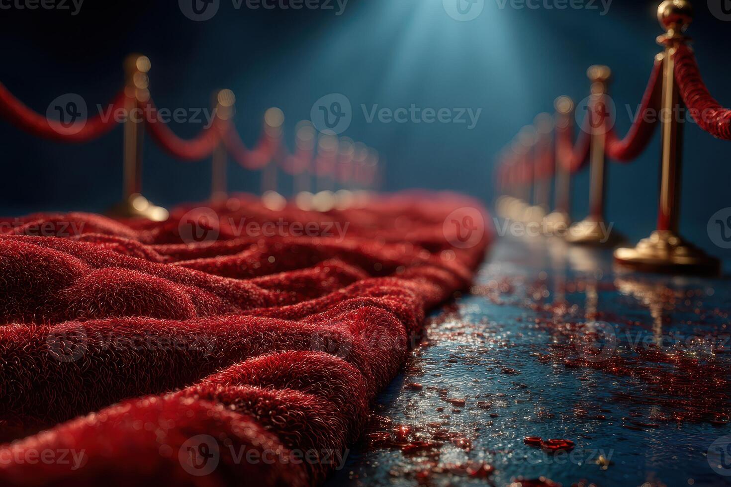 Red carpet leading to an illuminated stage in a dimly lit venue during an evening event or celebration photo