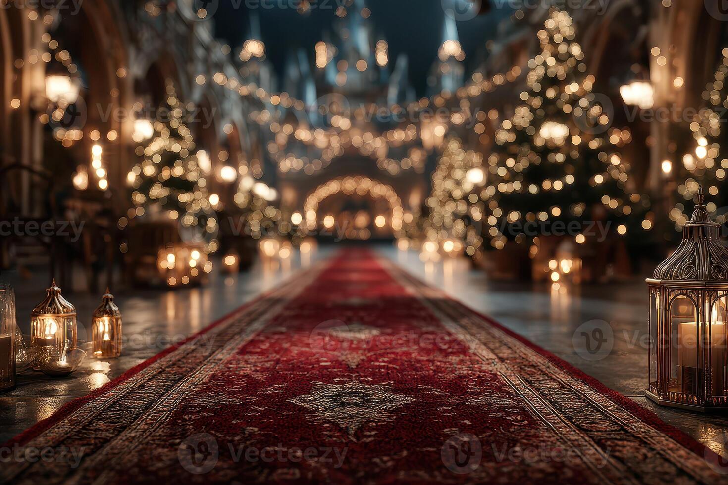 Festive indoor setting with illuminated decorations, Christmas trees, and lanterns in a warm and inviting ambiance photo
