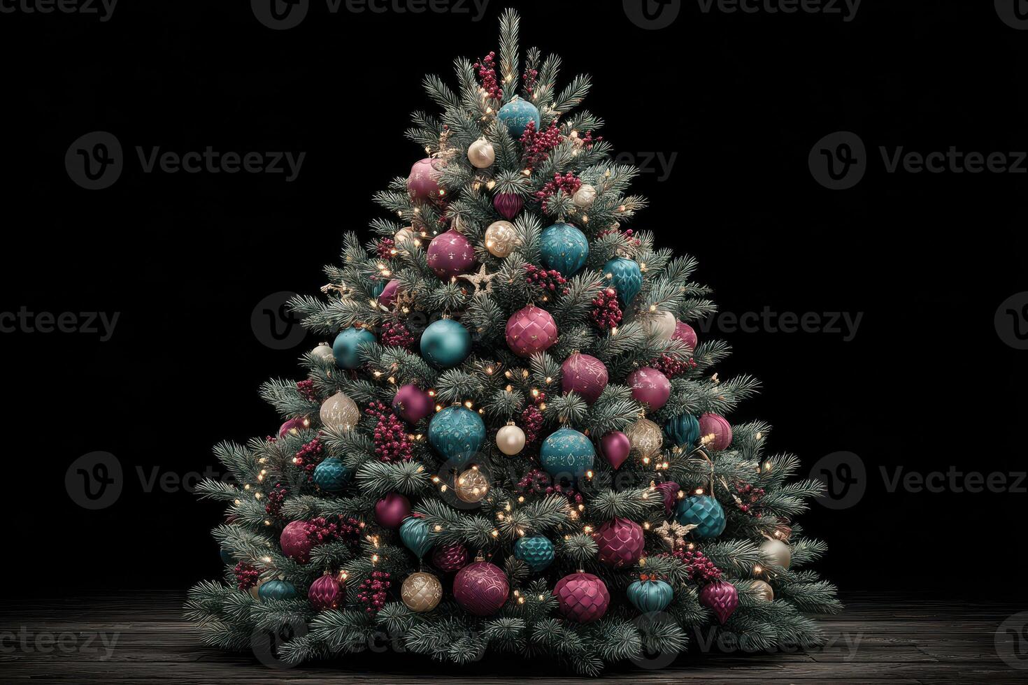 Beautifully decorated Christmas tree adorned with ornaments in teal, pink, and gold on a dark background during the holiday season photo