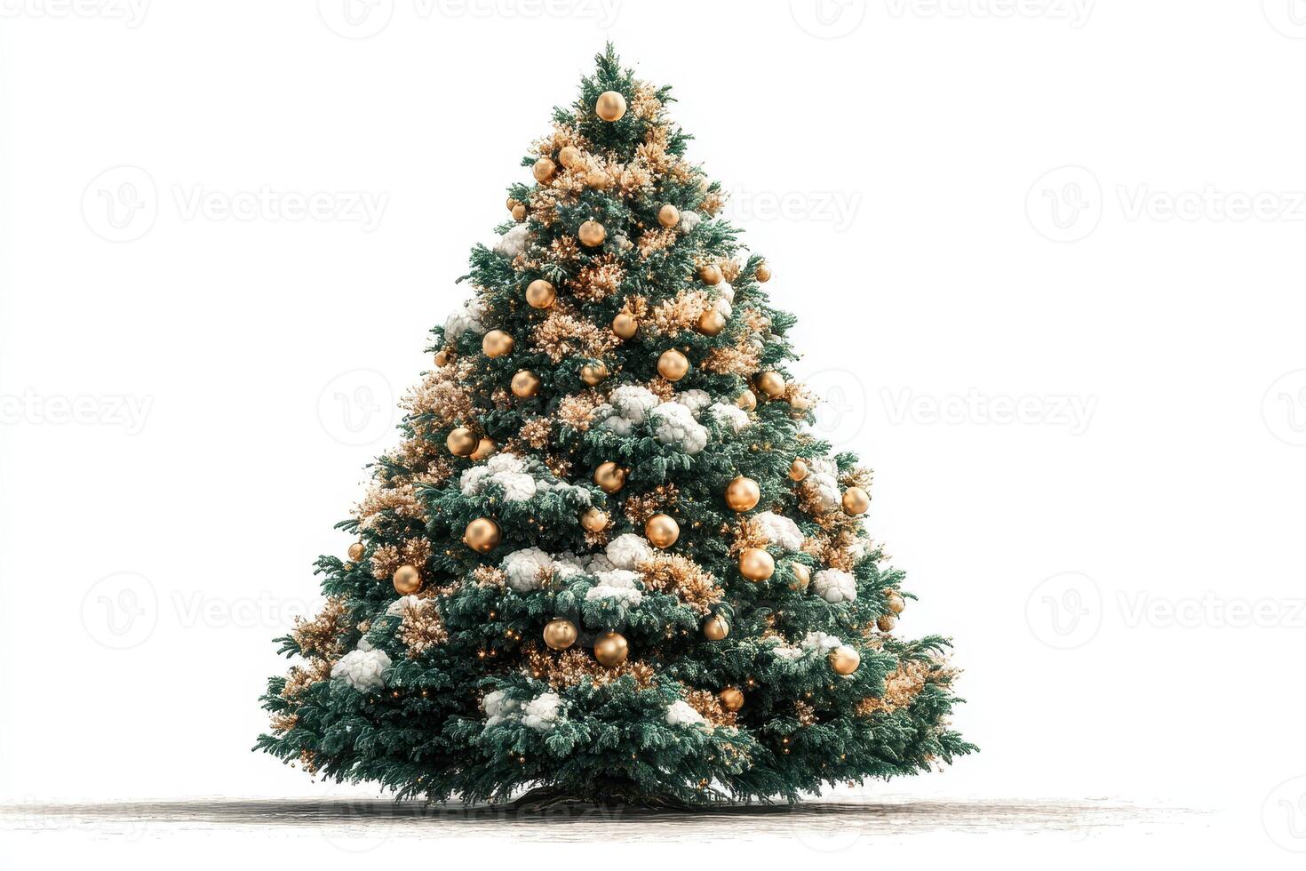 Decorated Christmas tree with gold ornaments and snow accents set against a white background during the holiday season photo