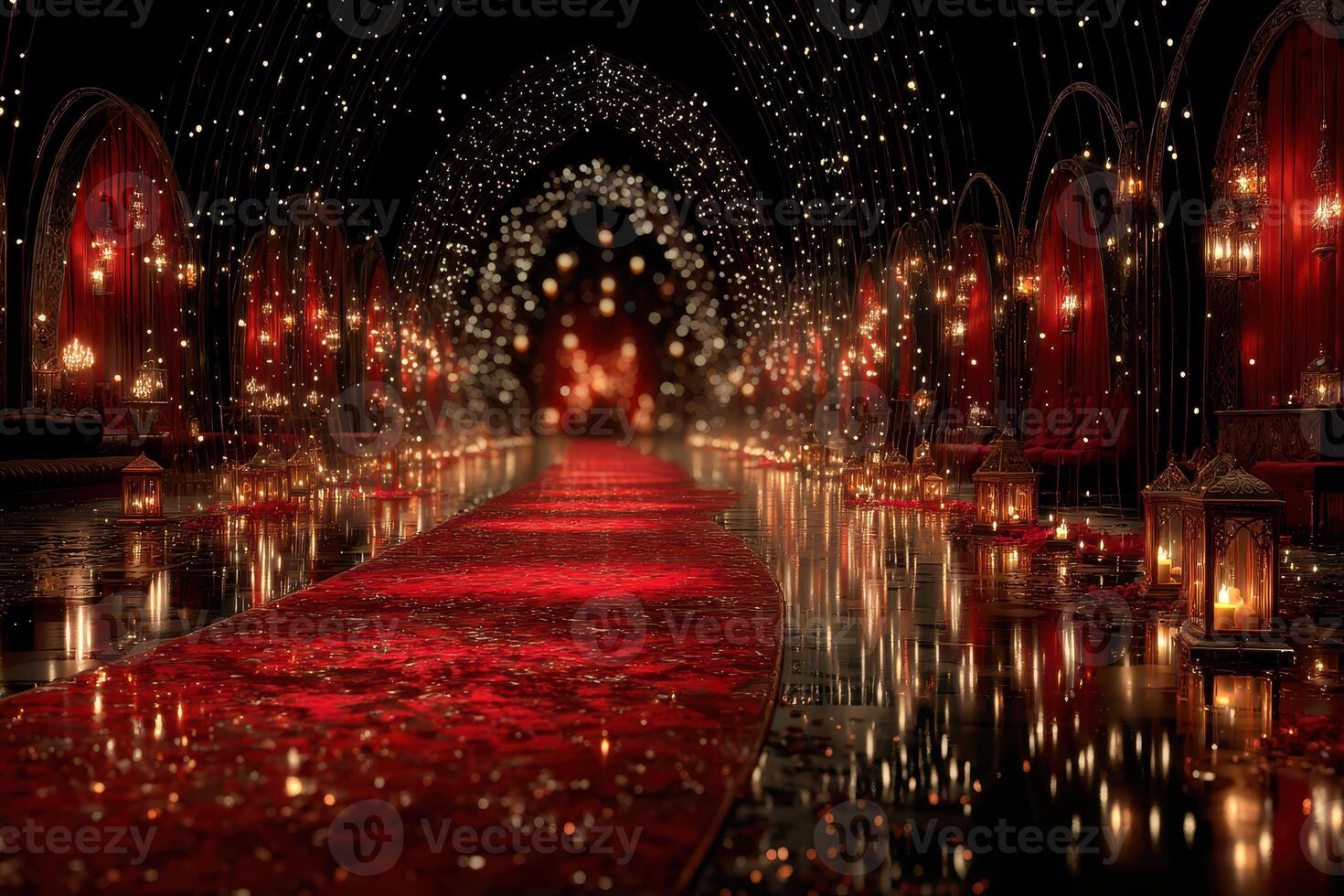 Elegant red carpet walkway illuminated by lanterns and fairy lights for a grand celebration at night photo