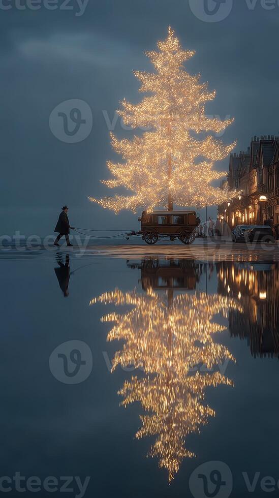 Festive evening stroll near a glowing Christmas tree in a quaint town photo