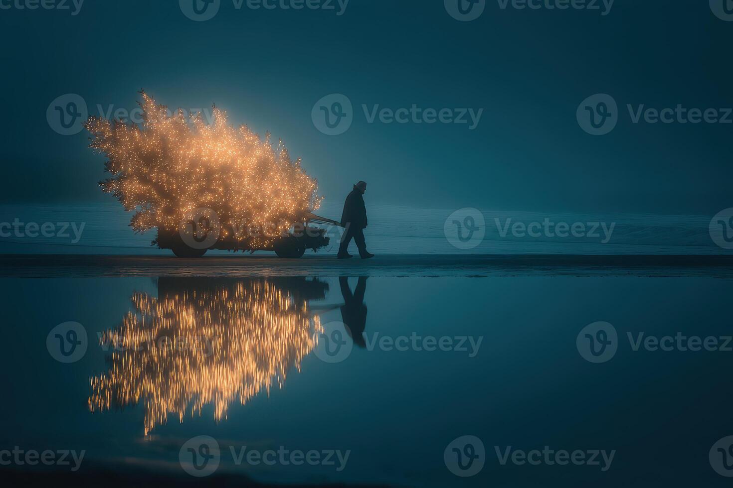 Winter evening stroll with a festive tree reflected in calm waters during a foggy atmosphere photo