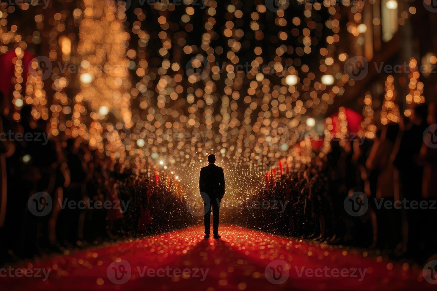 Elegant evening event with lights and a figure against a backdrop of glowing decorations and a red carpet photo