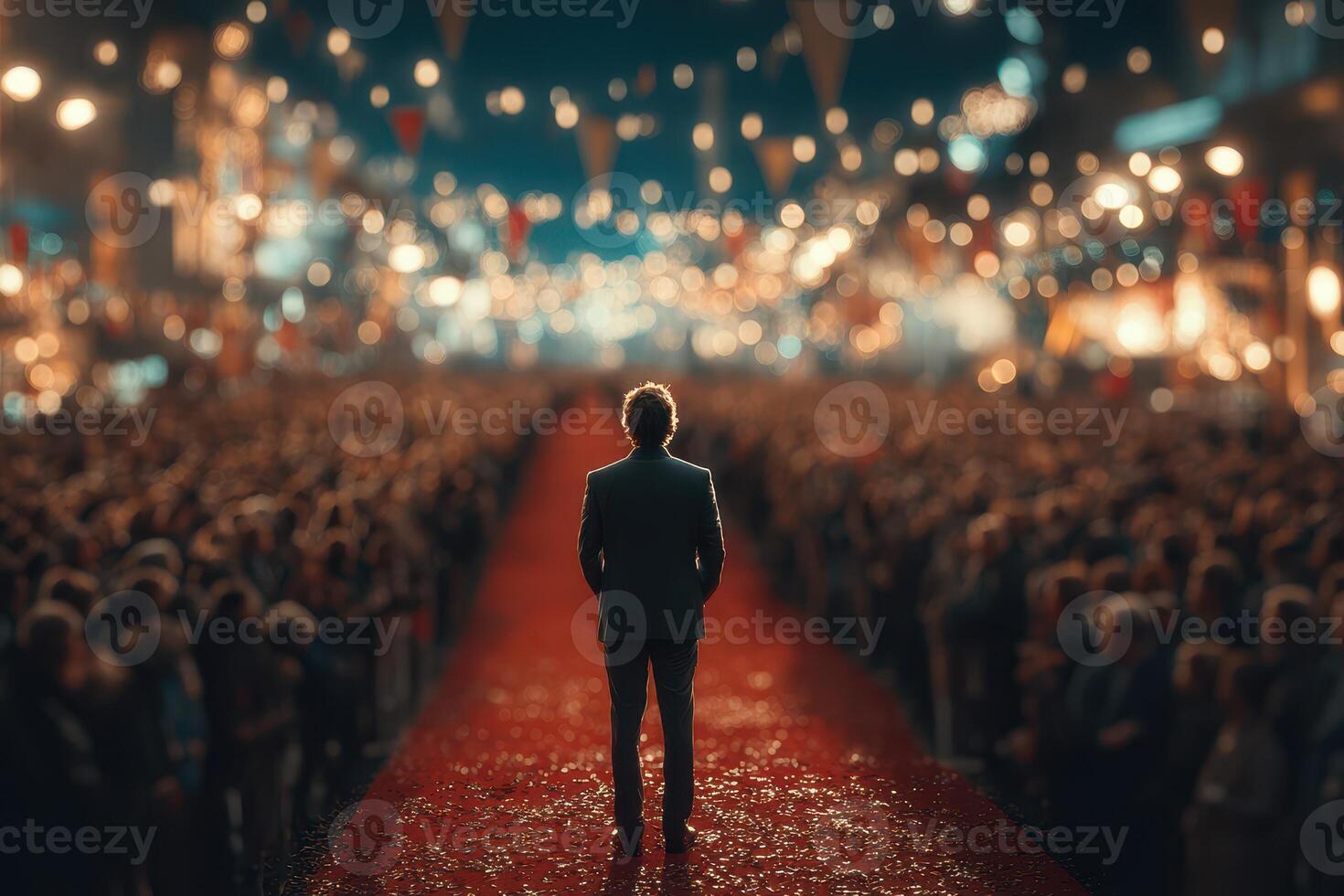 Crowd gathers for an important event featuring a suited individual on a red carpet under colorful lights photo