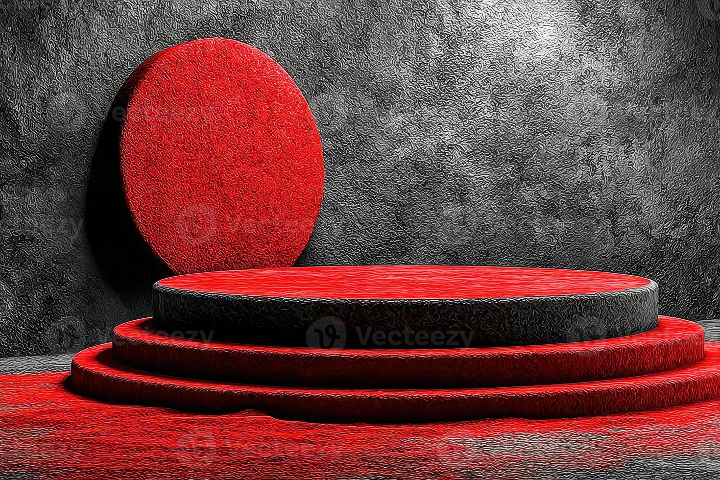 Red circular platform and background design in an artistic setting for presentations or events photo