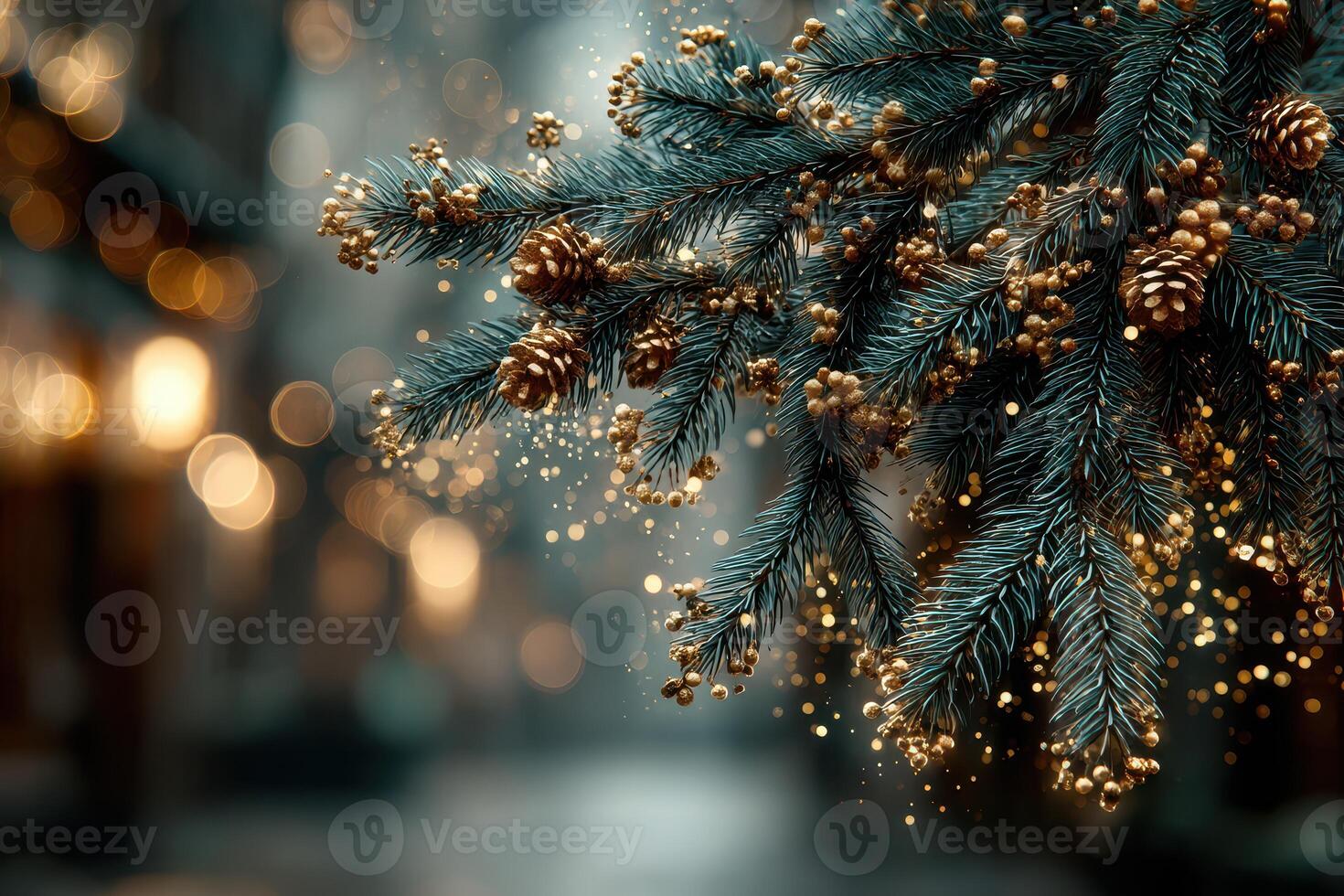 Evergreen branch decorated with golden pine cones and shimmering lights in a festive urban setting photo