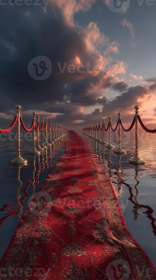 Serene walkway over water leads to a dramatic sky at sunset photo