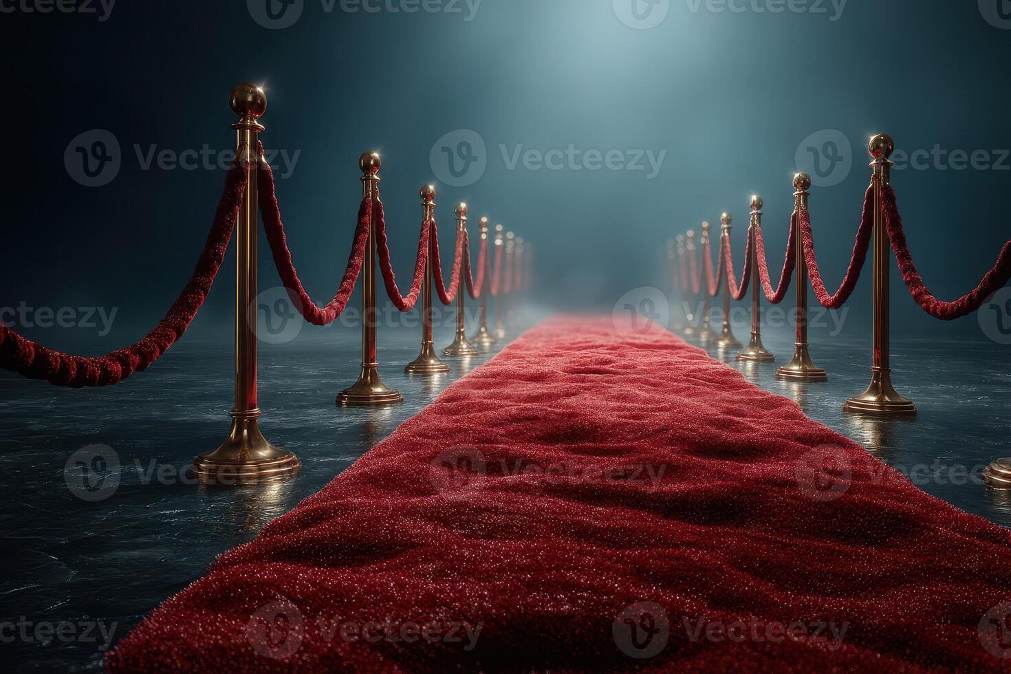 Red carpet pathway lined with golden posts and ropes at an evening gala event photo