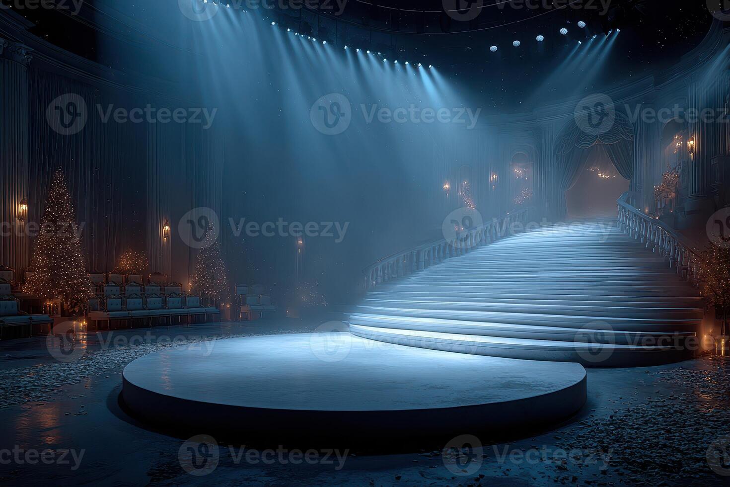 Luxurious staircase with elegant lighting set for a performance in a grand venue during the evening photo