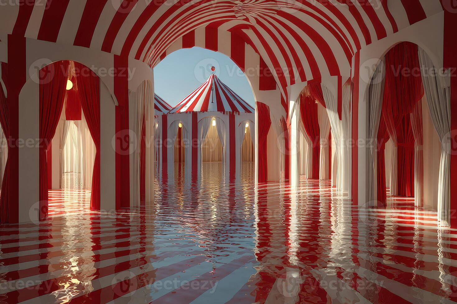 Colorful carnival tent interior with reflective water covering the floor during bright daylight photo