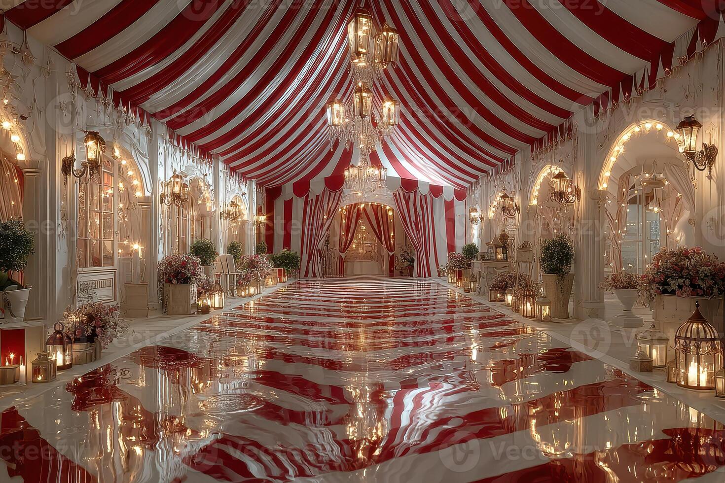 Elegant event venue with red and white striped decor, chandeliers, and floral arrangements creating a festive atmosphere photo