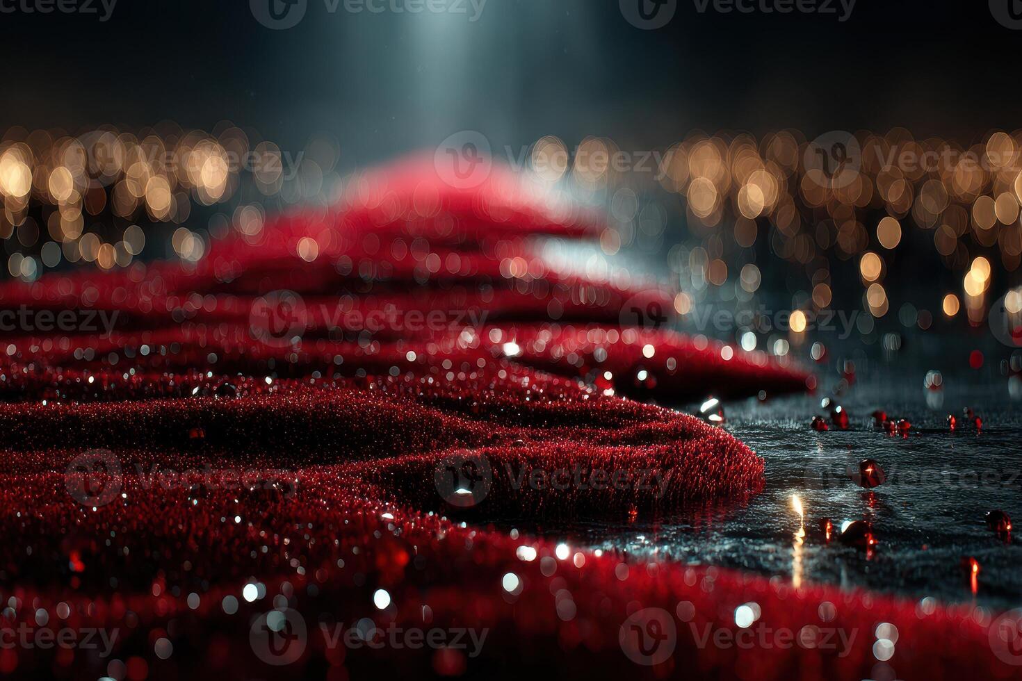 Red liquid flows across a dark surface illuminated by soft light in a moody, dramatic setting photo