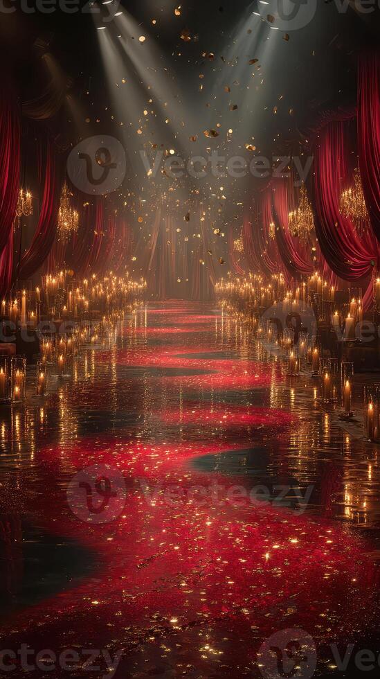 Luxurious event space adorned with red drapes and candlelight glowing under a magical atmosphere photo