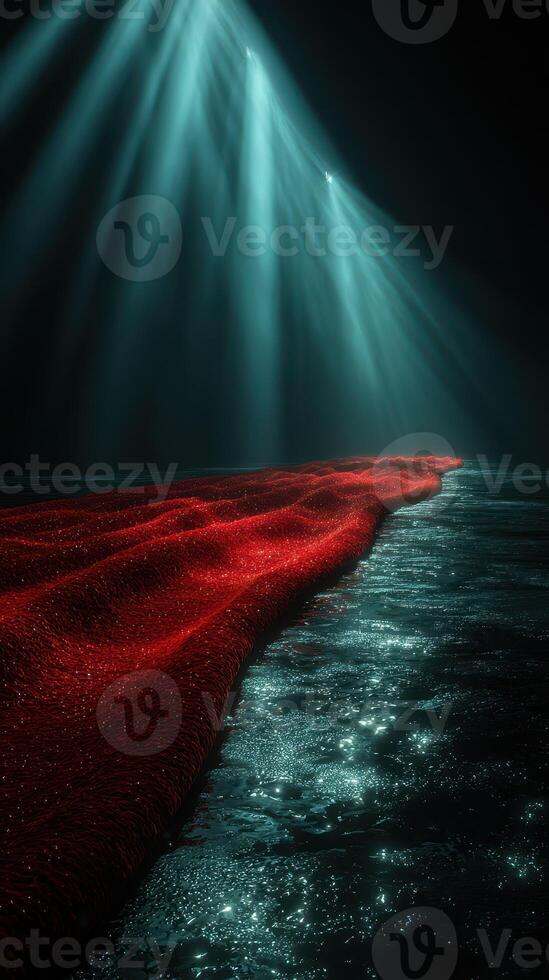 Red waves shimmer under soft blue lights in a dark, tranquil water setting at dusk photo
