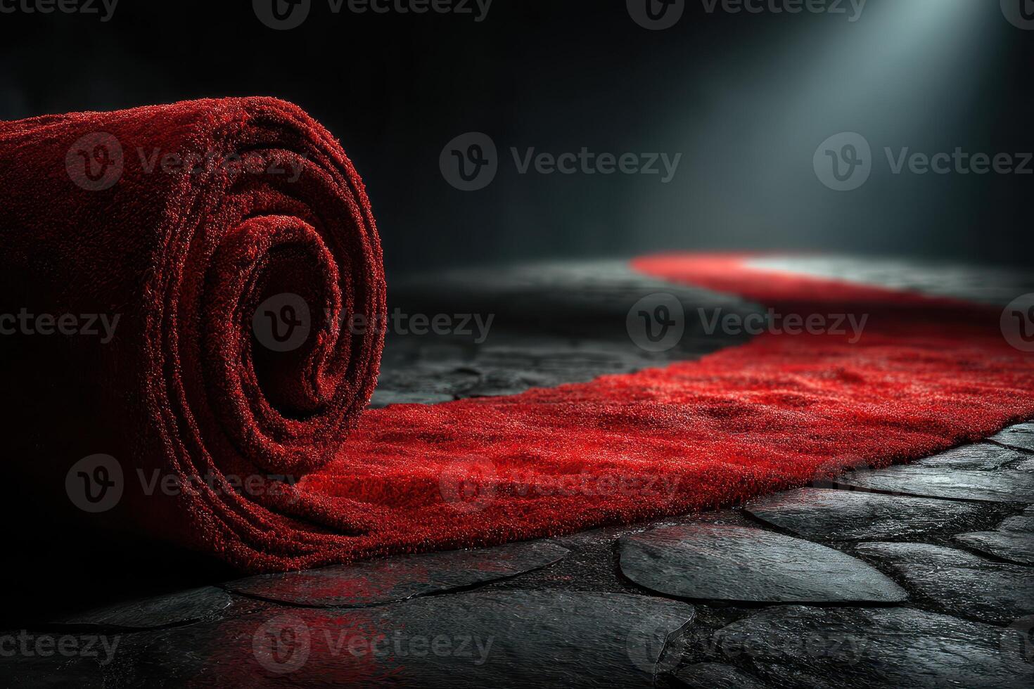 Elegant red carpet leading to a spotlight on a dark stone surface at a formal event in a luxurious setting photo