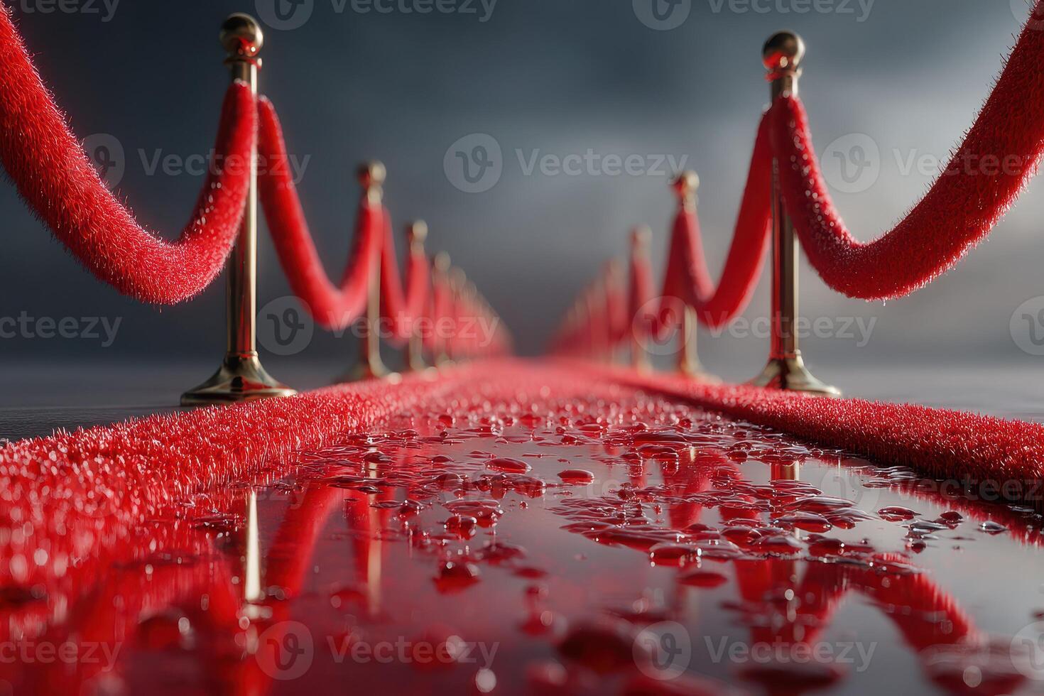 Red carpet lined with stanchions glistens with raindrops under moody gray sky photo