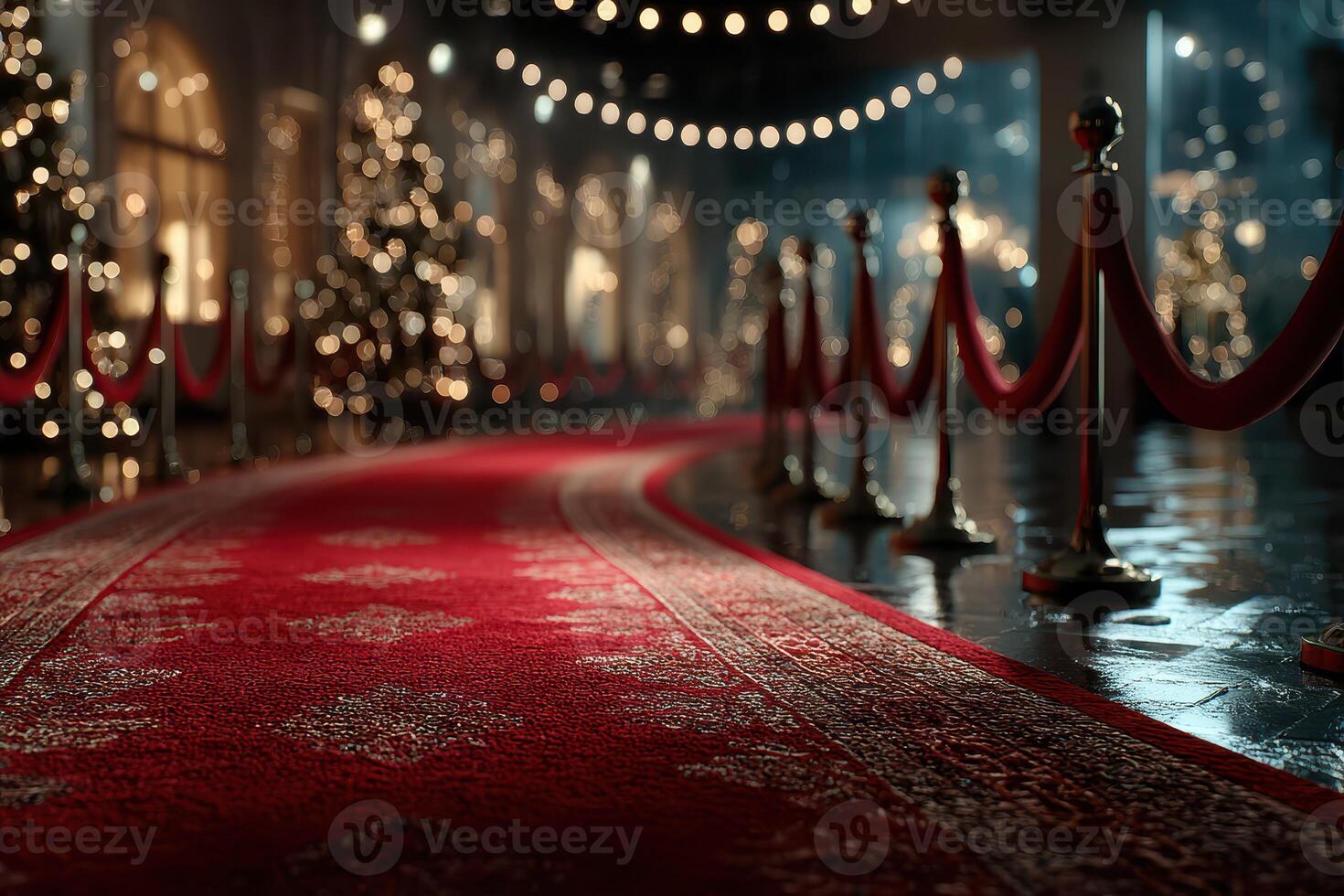 Elegant holiday event with red carpet, festive decor, and soft lighting in a luxurious indoor setting during winter season photo