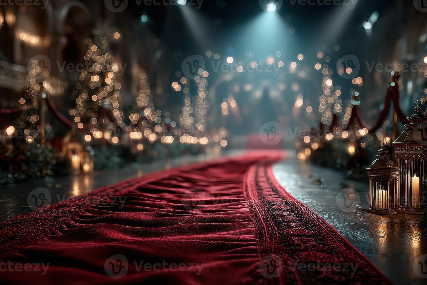 Elegant red carpet leading to a beautifully decorated venue with sparkling lights and festive decor during a winter event photo