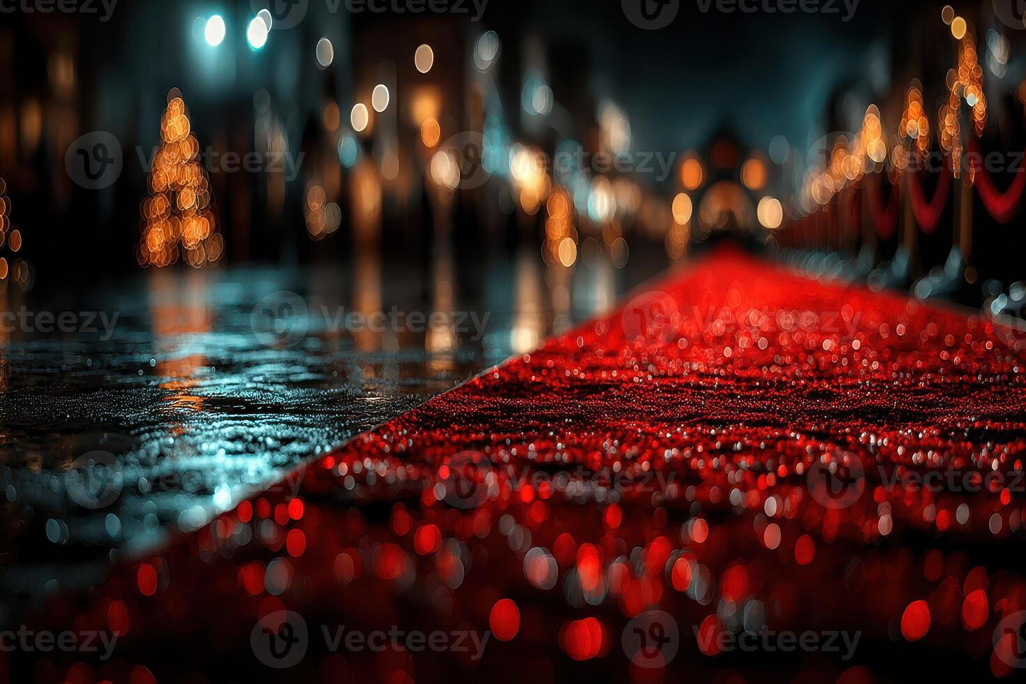 Elegant red carpet leading to a festive venue under evening lights photo