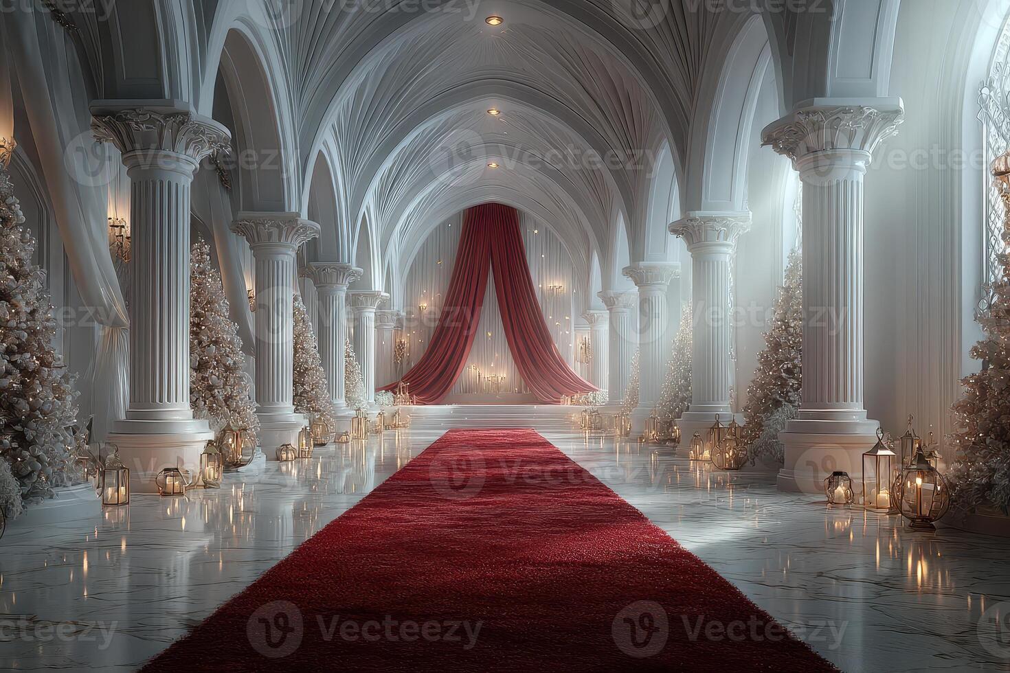 Elegant winter wedding venue featuring a grand red carpet and decorative lights in a majestic hall photo