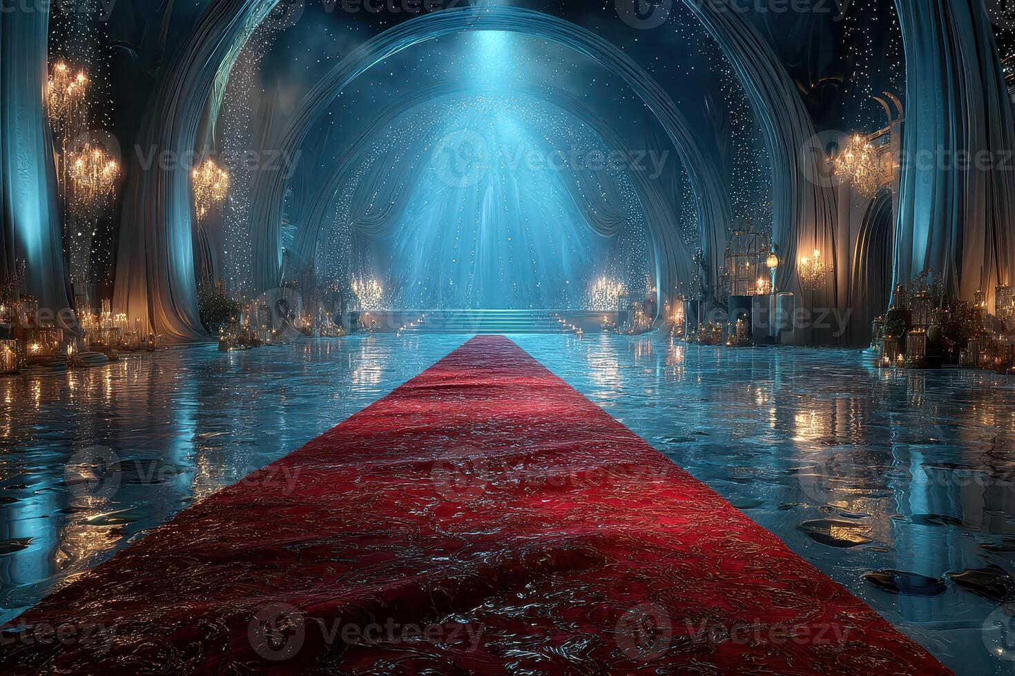 Grand hall featuring a red carpet leading to illuminated stairs in an elegant, luxurious setting photo