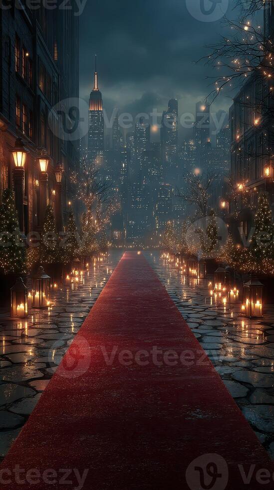Elegant evening event with a red carpet leading through a city street adorned with lights and decorations photo