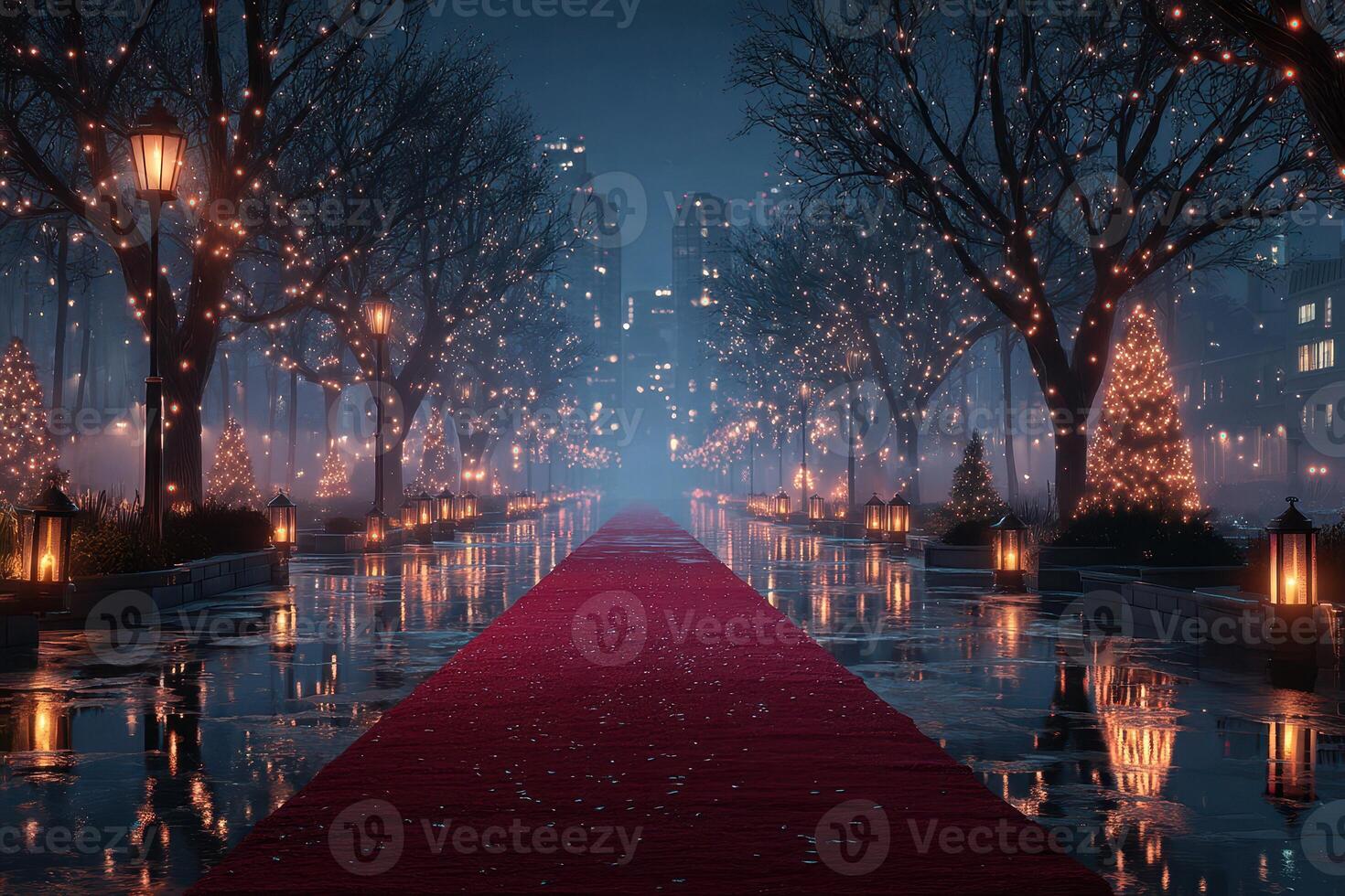Elegant evening walk through a lit park with a red carpet and festive decorations during winter photo