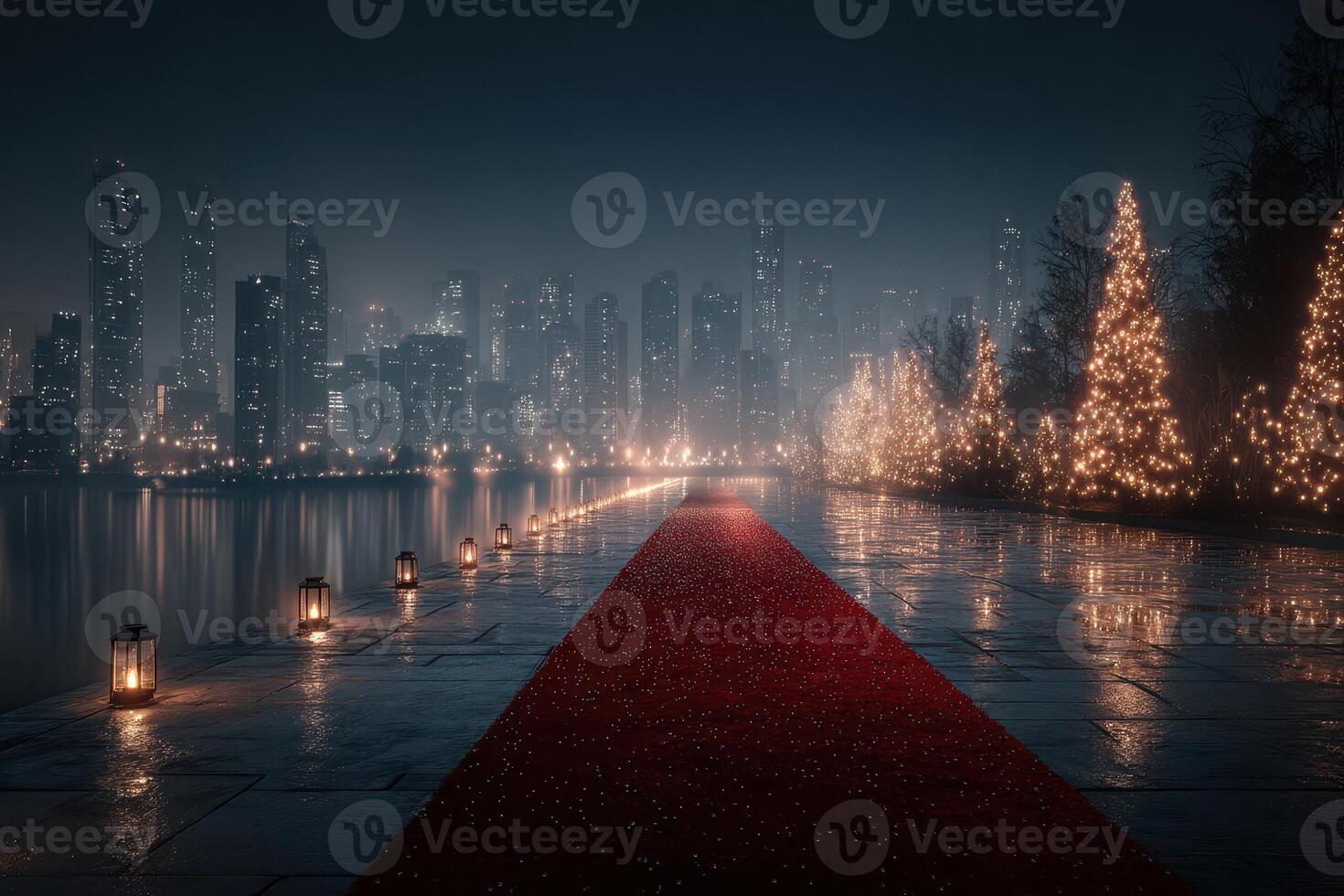 Knight scene featuring a red carpet lined with lanterns and illuminated trees overlooking a city skyline at night photo
