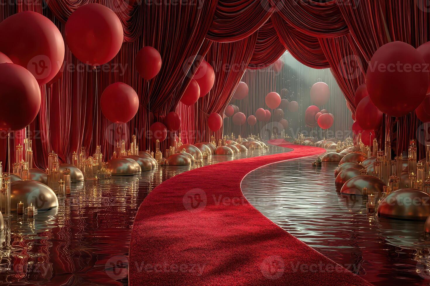 Elegant red carpet and balloon setup in a lavish venue during a gala event photo