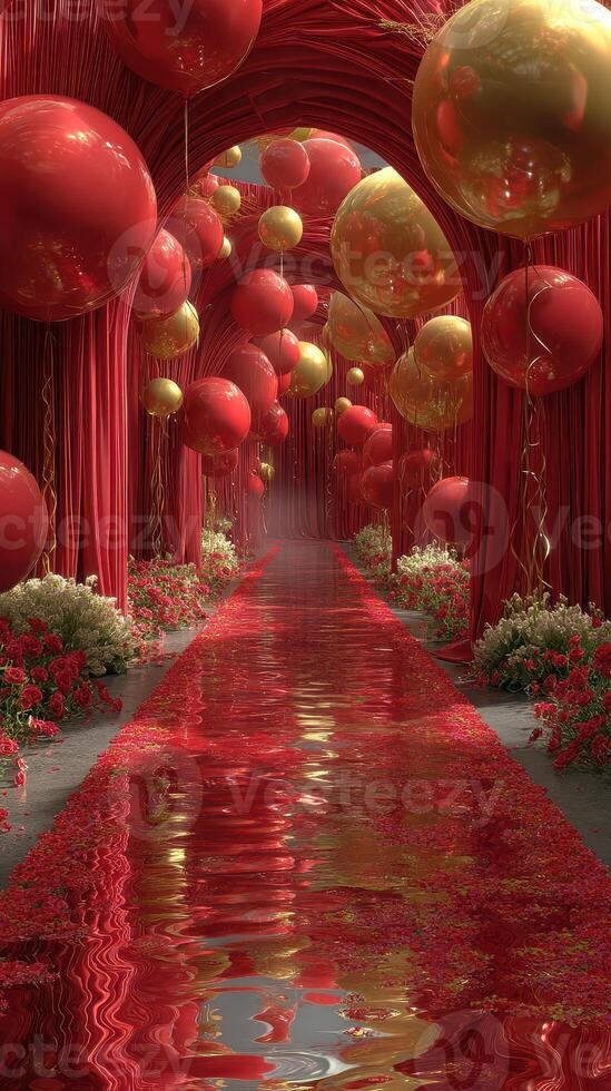 Elegant red and gold themed pathway adorned with balloons and flowers in a festive setting photo