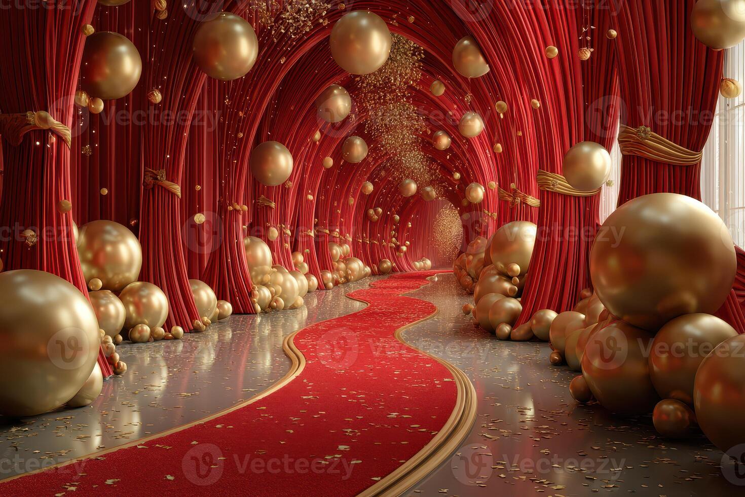 Elegant gala hallway adorned with golden spheres and red drapery for a festive event celebration photo