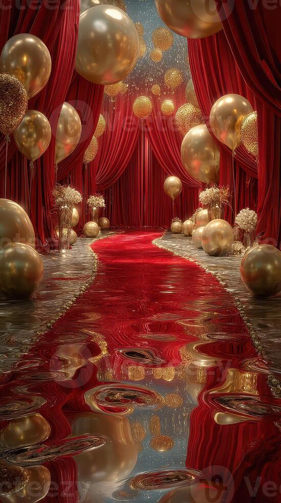 Elegant gala pathway adorned with golden balloons and red drapery in a shimmering setting photo