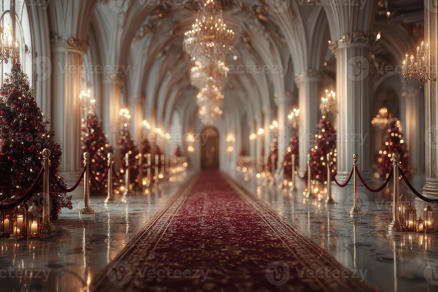 Elegant holiday decoration in a grand hall with ornate chandeliers and Christmas trees photo
