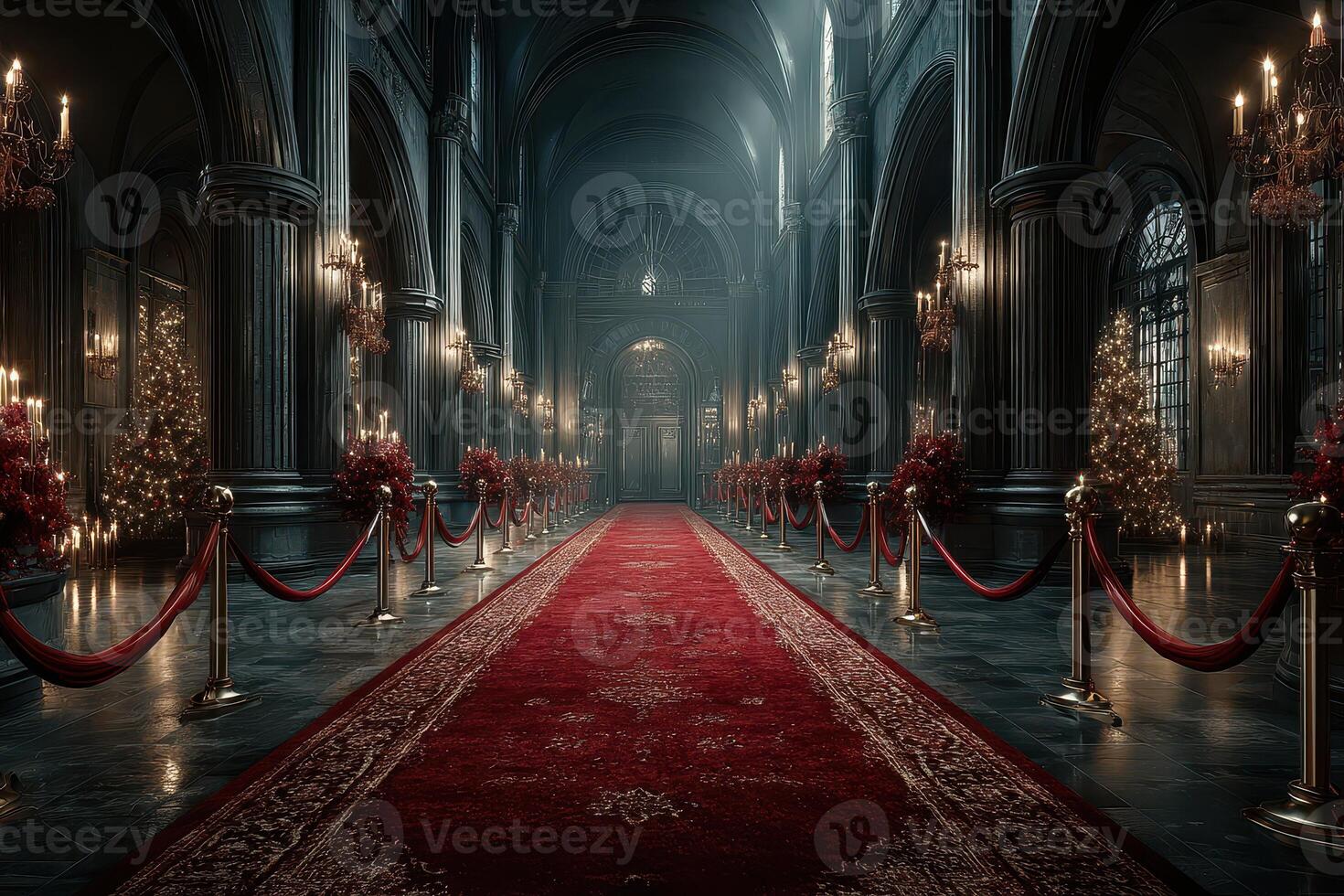 Elegant corridor adorned for a festive gathering in a grand historic building photo