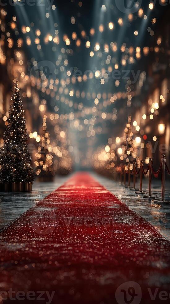Elegant red carpet pathway adorned with festive lights and Christmas trees during a glamorous evening event photo
