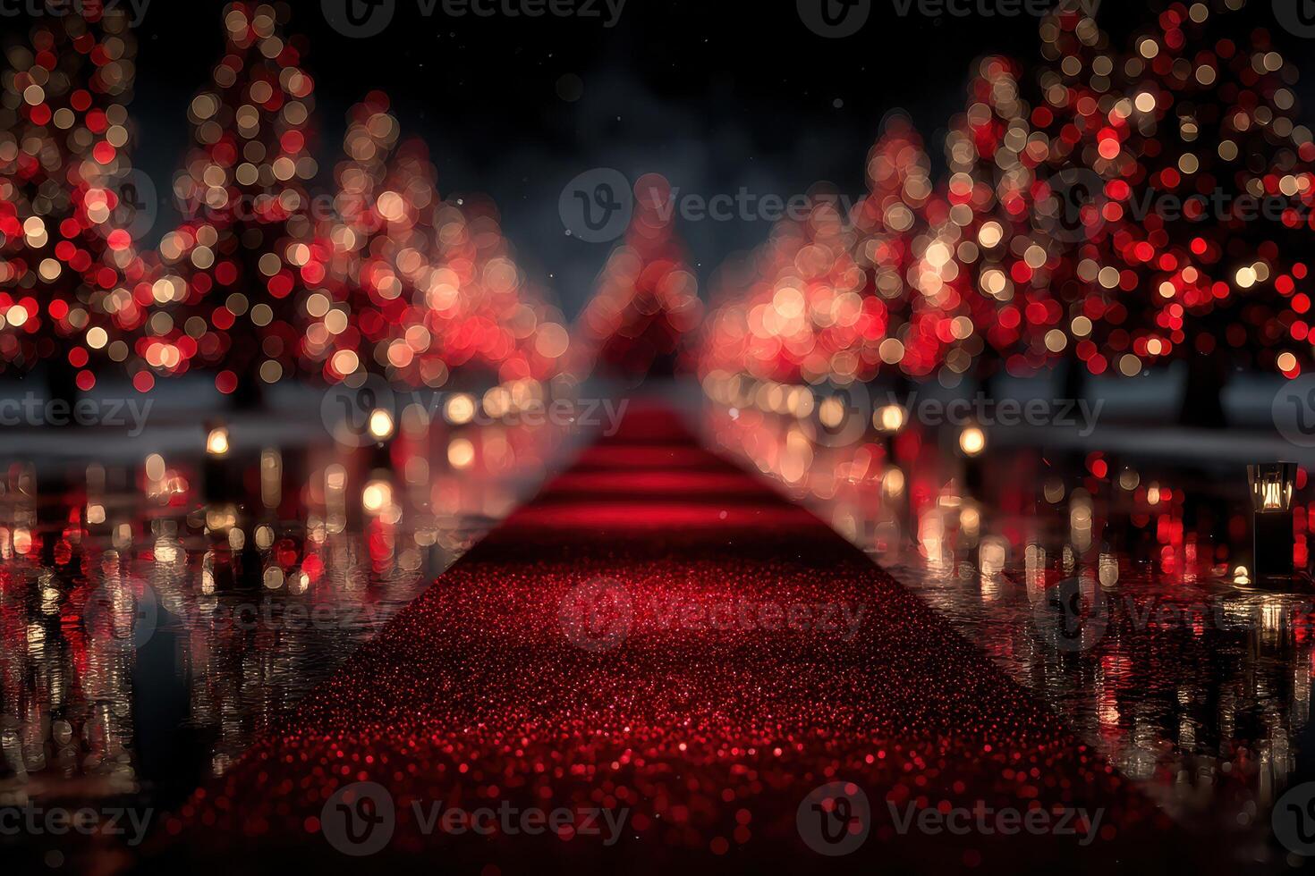 Elegant holiday pathway lined with sparkling red trees and glowing lights in a festive celebration setting photo