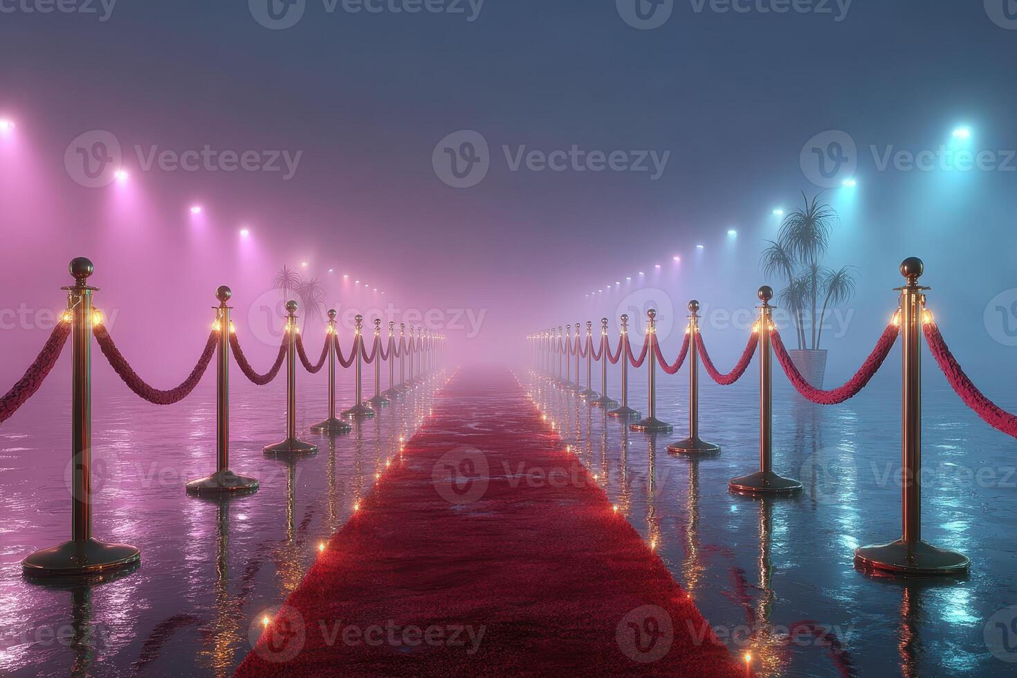 Elegant red carpet path surrounded by illuminated ropes in a foggy environment at night photo