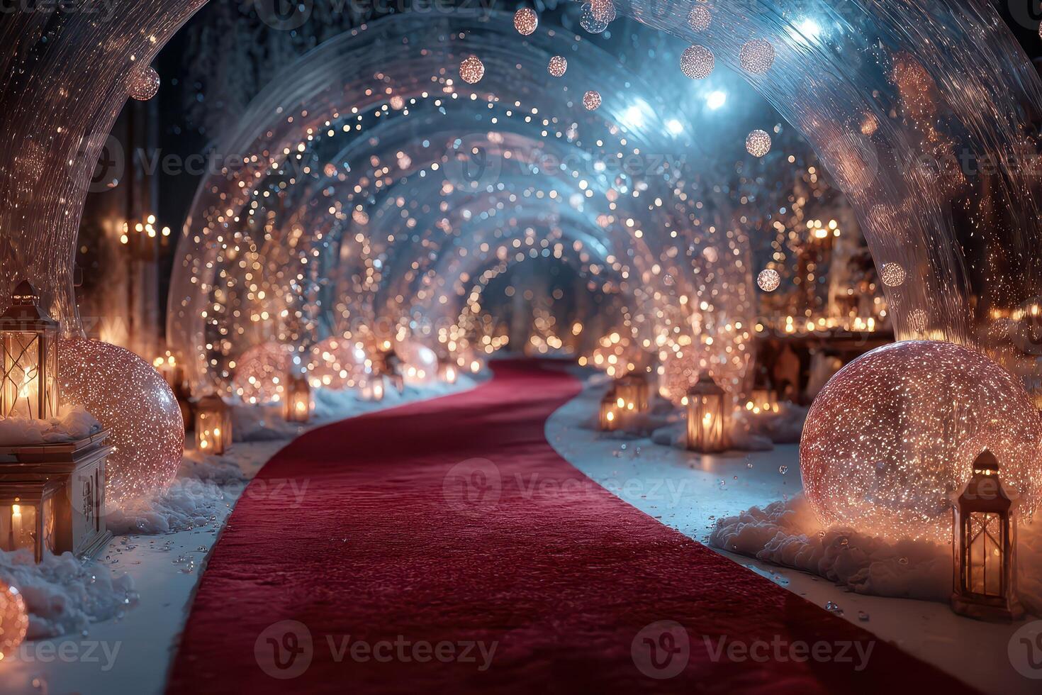 Elegant winter gala pathway illuminated with warm lights and festive decorations in a snowy setting photo