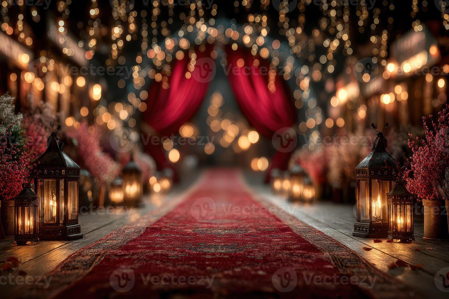 Elegant pathway adorned with lanterns and lights for a festive event in a charming gathering space photo