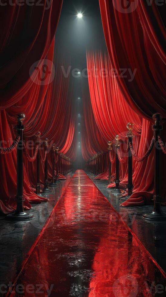Red velvet curtains frame a dramatic entrance leading to a mysterious venue illuminated by dim lighting photo